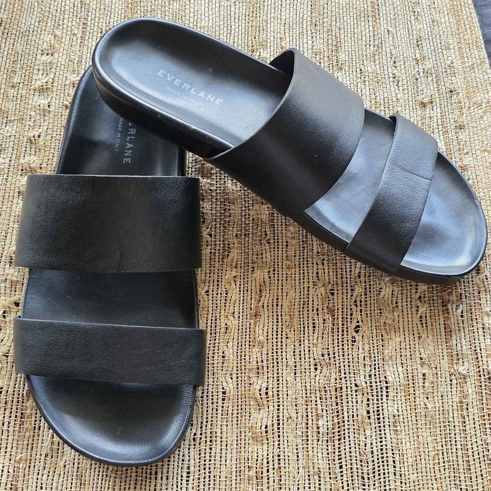 Everlane The Form 2 Strap Black Italian Leather Footbed Sandals Size 10 EUC $118